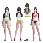  1girl ass bare_legs bikini black_bikini black_shoes black_sleeves braid breasts brown_eyes brown_hair collarbone concept_art cropped_torso dark_avenger_3 dongho_kang eyelashes eyewear_on_head from_behind front-tie_bikini_top front-tie_top full_body green_bikini hat heart heart_tattoo high_heels highres large_breasts lips long_sleeves multicolored_bikini multiple_views neck_tattoo nose open-toe_shoes parted_lips partially_unzipped pink_bikini red_shoes reference_sheet shirt shoes side-tie_bikini_bottom simple_background standing straw_hat sunglasses swimsuit tattoo third-party_source toenails toes turnaround twin_braids two-tone_bikini white_background white_shirt 