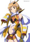  1girl adjusting_scarf arm_at_side armored_bodysuit artist_name bodysuit breasts brown_hair clenched_hand closed_mouth clothing_cutout commentary_request commission cow floating_scarf gem headgear headphones highres jewelry kanpachi_c light_smile long_scarf looking_at_viewer magical_girl mechanical_magical_girl midriff navel pendant red_gem scarf senki_zesshou_symphogear short_hair simple_background small_breasts solo standing stomach_cutout symphogear_pendant tachibana_hibiki_(gungnir)_(symphogear) tachibana_hibiki_(symphogear) twitter_username upper_body vambraces white_background white_scarf yellow_eyes 