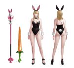  1girl animal_ear_hairband animal_ears arms_at_sides ass back bare_legs bare_shoulders black_bow black_bowtie black_hairband black_leotard black_shoes blonde_hair bow bowtie breasts carrot cleavage closed_mouth collar collarbone concept_art contrapposto dark_avenger_3 detached_collar dongho_kang fake_animal_ears fake_tail from_behind full_body hairband high_heels highres leotard lips looking_at_viewer medium_breasts multiple_views nose playboy_bunny rabbit_ear_hairband rabbit_ears rabbit_tail reference_sheet shoes simple_background staff standing sword tail third-party_source turnaround weapon white_background white_collar white_tail white_wrist_cuffs wrist_cuffs yellow_eyes 