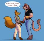 2025 anthro black_clothing black_shirt black_t-shirt black_topwear blue_background bottomwear brown_hair burger canid canine clothed clothing collar denim denim_bottomwear denim_clothing devious_grin dialogue domestic_cat duo english_text felid feline felis food fox fur hair hi_res home_made jeans kimi_(home-made) male mammal monotone_background multicolored_clothing multicolored_shirt multicolored_topwear orange_body orange_fur pants pattern_clothing pattern_shirt pattern_topwear shirt simple_background size_difference striped_clothing striped_shirt striped_topwear stripes t-shirt taj_(tajafterdark) text topwear weight_gain