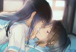  2girls black_hair blue_eyes brown_hair commentary_request eye_contact finger_to_another's_mouth from_side hibike!_euphonium high_ponytail hug imminent_kiss indoors kasaki_nozomi liz_to_aoi_tori looking_at_another lying lying_on_another maeshima_shigeki medium_hair multiple_girls parted_bangs parted_lips ponytail red_eyes sailor_collar school_uniform serafuku upper_body white_serafuku yoroizuka_mizore yuri 