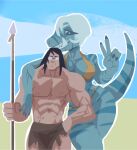 2026 5_fingers abs abstract_background adult_swim anthro anthrofied arm_over_shoulder beach biceps big_breasts bikini bikini_thong black_eyes black_hair blue_body blue_scales blue_sky blue_stripes bottomwear breasts brown_bikini brown_clothing brown_swimwear cartoon_network cavemanon_studios claws clothed clothing curvy_figure day digital_drawing_(artwork) digital_media_(artwork) dinosaur duo eyelashes eyewear fang_(primal) female finger_claws fingers gesture glasses grey_hair hair hand_gesture hi_res holding_melee_weapon holding_object holding_polearm holding_spear holding_weapon human husband husband_and_wife light-skinned_male light_body light_skin loincloth loincloth_only long_hair long_tail male male/female mammal married_couple medium_hair melee_weapon muscular muscular_human muscular_male outside pecs polearm prehistoric_species primal_(series) principal_spears rectangular_glasses reptile saurischian scales scalie sea seaside sharp_teeth skimpy skimpy_bikini sky smile snoot_game spear striped_body striped_scales stripes swimwear tail teeth thechakbolay theropod thick_thighs topless two-piece_swimsuit tyrannosaurid tyrannosauroid tyrannosaurus tyrannosaurus_rex v_sign voluptuous voluptuous_anthro voluptuous_female water weapon wide_hipped_anthro wide_hipped_female wide_hips wife