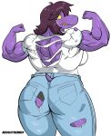 absurd_res anthro big_butt blush bodily_fluids bottomwear butt clothing deltarune female hi_res looking_back muscular muscular_arms muscular_female muscular_thighs neroscottkennedy pants panty_lines rear_view reptile scalie shirt susie_(deltarune) sweat tail topwear torn_bottomwear torn_clothing torn_pants torn_shirt torn_topwear undertale_(series) wardrobe_malfunction