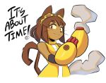 2024 2026 anthro arm_cannon blaster breasts brown_body brown_fur brown_hair clothed clothing digital_media_(artwork) domestic_cat eyebrows eyewear eyewear_on_head felid feline felis female fur gameoverse glitch_productions goggles goggles_on_head hair hi_res kit_bodega mammal medium_breasts red_eyes simple_background sleeveless_shirt sleeveless_topwear smile smiling_at_viewer smoke solo tail taterdouce weapon_arm whiskers white_background