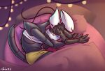 antennae_(anatomy) anthro arthropod bandage bandaged_chest bed bed_covers bedding blush bottomwear butt clothing detailed_background digital_drawing_(artwork) digital_media_(artwork) duo female female/female flat_chested furniture hi_res hollow_knight:_silksong hollow_knight_(franchise) hornet_(hollow_knight) intimate light love lying lying_on_bed on_bed on_pillow pillow segmented_body shakra_(hollow_knight:_silksong) signature sleeping sleeping_together spooning tail team_cherry under_covers zixzs-redlight