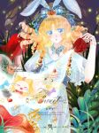  1girl animal animal_ear_hairband animal_ears argyle_bow blonde_hair blue_bow blue_dress blue_ribbon bow cake cake_slice candy cat chinese_commentary cloak clothed_animal commentary_request commission cowboy_shot crying cup dress drill_hair ear_covers fake_animal_ears fireflies floating_hair floppy_ears food forest frilled_sleeves frills hair_bow hair_ornament hair_ribbon hairband happy_tears heart heart_hair_ornament highres holding holding_cup hood hood_up hooded_cloak infinity_nikki large_bow lolita_fashion long_hair mao_zhao_lei' medium_dress momo_(nikki) mushroom nature night nikki_(series) open_mouth outdoors palm_leaf print_dress puffy_short_sleeves puffy_sleeves rabbit_ear_hairband rabbit_ears rewound_daydream_(infinity_nikki) ribbon sample_watermark short_sleeves spill teacup teardrop tears too_many_watermarks watermark white_cat yellow_cloak 