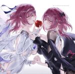  2girls apple black_bow black_wings blush bow breast_press breasts bridal_gauntlets commentary dual_persona food from_side fruit hair_bow hair_ornament hairclip highres holding holding_food holding_fruit interlocked_fingers large_breasts long_sleeves looking_at_viewer maria_(marymeow) medium_hair multiple_girls parted_lips pink_eyes pink_hair pointy_ears remielle_dan remielle_dan_(moonlight_whispers) revision sideways_glance simple_background smile symmetrical_docking white_background white_bridal_gauntlets white_wings wings zenless_zone_zero 