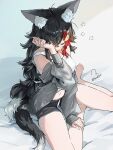  1girl alternate_costume animal_ear_fluff animal_ears barefoot black_shorts blanket breasts closed_eyes commentary_request hand_up highres hololive multicolored_hair navel ookami_mio red_streaks rubbing_eyes shorts sleepy squeans streaked_hair tail tank_top torokko virtual_youtuber white_tank_top wolf_ears wolf_girl wolf_tail 