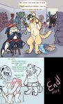 absurd_res anthro aquatic bird_dog blush bodily_fluids canid canine canis crowd crying_laughing domestic_dog dragonnap embarrassed embarrassing_nudity english_text erection exposed female fish genital_fluids genitals group hi_res humanoid_genitalia humanoid_penis hunting_dog hyena hypnosis labrador laugh leaking_precum male mammal mind_control mismatched_genitalia mismatched_humanoid_penis mismatched_penis mocking party penis precum public public_nudity retriever shark smile solo spiral spiral_eyes tears teasing text virtual_reality