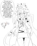  1boy 1girl :d ace_combat ace_combat_8 aiguillette blue_archive blush buttons carmille_tewy carmille_tewy_(cosplay) commentary cosplay doodle_sensei_(blue_archive) double-breasted dress earclip english_commentary english_text greyscale halo hand_on_own_chest hat helmet highres himari_(blue_archive) long_hair military_uniform mizun_(moripham1307) monochrome narcissism open_mouth peaked_cap pilot_helmet pointy_ears rex_(ace_combat) sensei_(blue_archive) simple_background sitting smile sparkle spot_color trait_connection twintails wheelchair white_background 
