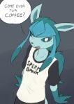 absurd_res ambiguous_gender anthro biped blue_body blue_fur blue_nose blue_sclera clothed clothed_anthro clothing cute_fangs dialogue eeveelution fangs fingers fur generation_4_pokemon glaceon hi_res nintendo open_mouth open_smile pokemon pokemon_(species) question_mark sealer4258 sealer_(sealer4258) shirt smile solo speech_bubble standing t-shirt teeth topwear white_eyes