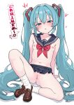  1girl absurdres aqua_eyes aqua_hair arms_behind_back ass between_breasts black_sailor_collar black_skirt blush breasts brown_shoes censored cervix clitoral_hood clitoris clothes_between_breasts collarbone commentary_request crossed_legs half-closed_eyes hand_on_ground hatsune_miku heart highres long_hair looking_at_viewer mauichi mosaic_censoring navel neckerchief neckerchief_between_breasts nipples no_panties parted_lips pussy red_neckerchief ribs sailor_collar shoes sitting skinny skirt skirt_rolled_up small_breasts socks topless_female translation_request twintails urethra vocaloid white_background white_socks 