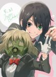  2boys black_eyes black_hair black_jacket blonde_hair blush bow bowtie child circle collared_shirt commentary covered_face dated drop_shadow gas_mask gloves green_eyes grey_sweater grin hand_up happy happy_birthday heterochromia jacket looking_at_viewer male_focus mamiya_(touma) mask mole mole_under_eye multiple_boys musical_note notice_lines official_art pinch_grip red_bow red_bowtie school_uniform sekai_metsubou_kyouyuu_gensou_mamiya shinta_(nikka10) shirt short_hair simple_background smile spoken_sweatdrop sweatdrop sweater toujou_minato untranslatable_commentary upper_body white_gloves white_shirt 