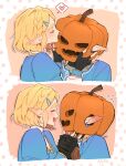  1boy 1girl black_gloves black_sweater blue_shirt blue_tunic blush braid breasts champion's_tunic_(zelda) closed_eyes commentary_request couple crown_braid ear_blush earrings fingerless_gloves flying_sweatdrops gloves gold_trim hair_ornament hairclip heart hetero highres holding_hands jack-o'-lantern_head jewelry kissing_head korean_commentary link medium_breasts none_(none18411) open_mouth parted_bangs pink_background pointy_ears princess_zelda shirt sidelocks smile spoken_heart sweater the_legend_of_zelda the_legend_of_zelda:_tears_of_the_kingdom thick_eyebrows tunic upper_body vambraces 