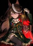  absurdres aiguillette animal_ears ascot black_thighhighs breasts brown_hair buttons cape closed_mouth commentary_request double-breasted earrings epaulettes gloves green_jacket green_skirt hair_between_eyes highres horse_ears horse_girl horse_tail jacket jewelry long_hair long_sleeves looking_at_viewer medal medium_breasts moffumoto multicolored_hair purple_eyes red_cape side_cape single_earring single_epaulette sitting skirt smile streaked_hair symboli_rudolf_(emperor's_path)_(umamusume) symboli_rudolf_(umamusume) tail thighhighs umamusume white_ascot white_gloves white_hair 