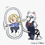 1:1 2026 anthro big_penis blonde_hair canid canine canis clothed clothing dot_eyes duo footwear fur genitals hair huge_penis hugo_vlad human hyper hyper_genitalia hyper_penis jump_rope long_penis male mammal mihoyo open_mouth penis penis_grab shirookami443 shirt shoes simple_background simple_coloring simple_eyes smile standing tail thiren toony topwear vein veiny_penis von_lycaon white_background white_body white_fur wolf zenless_zone_zero