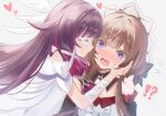  !? 2girls absurdres ajino_(ajtm_7878) black_collar black_sleeves blue_eyes blush bonnet brown_hair closed_eyes collar columbina_(genshin_impact) commentary d: detached_collar dress eye_mask genshin_impact hair_ornament head_wings headdress heart highres imminent_kiss long_sidelocks mask multicolored_hair multiple_girls multiple_wings open_mouth purple_streaks sandrone_(genshin_impact) see-through_clothes see-through_mask short_hair_with_long_locks sidelocks simple_background streaked_hair white_background white_dress white_headdress white_mask white_wings wing_hair_ornament wings wrist_bow yuri 