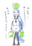  1girl black_gloves black_neckerchief black_sailor_collar black_thighhighs blue_eyes blue_hair blush bucket bucket_of_water bucket_on_head bucket_punishment commentary_request elbow_gloves flying_sweatdrops full_body gloves holding holding_bucket kantai_collection long_hair neckerchief object_on_head open_mouth sailor_collar samidare_(kancolle) school_uniform serafuku simple_background skirt sleeveless solo standing thighhighs translation_request trembling very_long_hair watarai_keiji white_background white_skirt 