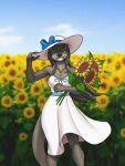 2026 3:4 absurd_res anthro black_nose breasts brown_body brown_eyes brown_hair chest_tuft clothing collarbone dress eyebrows eyelashes female flower hair hat headgear headwear hi_res jewelry mammal mustelid mykegreywolf nat_(mykegreywolf) necklace otter outside plant solo sun_hat sundress sunflower teeth tuft