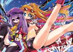  2girls blonde_hair blue_eyes boots breasts closed_mouth coat commentary_request hair_between_eyes kanae_(sekaiju) looking_at_viewer mechanical_wings medium_breasts multiple_girls nipples open_mouth panties pink_boots purple_coat purple_eyes purple_hair purple_shorts ruha69 sekaiju_no_meikyuu sekaiju_no_meikyuu_3 shorts side_ponytail striped_clothes striped_panties torn_clothes underwear wings zodiac_(sekaiju) zodiac_2_(sekaiju) 