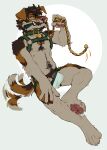 2026 absurd_res anthro brown_hair canid canine canis chain chain_leash claws clothing clothing_pull collar collar_tag domestic_dog eenocs eyewear finger_claws floppy_ears fur genitals glasses hair harness hi_res holding_leash holding_object jockstrap leash leash_in_mouth male mammal nipples object_in_mouth pawpads paws penis simple_background sitting solo tail tail_motion tailwag toe_claws underwear underwear_pull wearing_glasses white_body white_fur