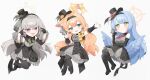  3girls :d absurdres animal_ear_fluff animal_ears arm_under_breasts ascot black_boots black_bow black_dress black_gloves black_hairband black_hat black_pantyhose black_shoes blue_archive blue_eyes blue_hair blue_wings blush boots bow breasts brooch cat_ears cat_girl center_frills chibi chibi_only choker closed_mouth commentary crossed_bangs detached_sleeves double_v dress earrings elbow_gloves extra_ears feathered_wings flower footwear_bow frilled_choker frilled_dress frilled_gloves frilled_sleeves frills full_body gloves green_ascot green_eyes green_flower green_rose grey_dress grey_hair hair_between_eyes hairband halo hands_up hat hat_feather hat_flower highres idol idol_clothes invisible_chair jewelry kneeling lace-up_boots large_breasts long_hair long_sleeves looking_at_viewer low_twintails low_wings mari_(blue_archive) mari_(idol)_(blue_archive) medium_breasts mine_(blue_archive) mine_(idol)_(blue_archive) multiple_girls official_alternate_costume official_alternate_hairstyle open_hand open_mouth orange_hair outstretched_arm pantyhose pink_halo purple_eyes red_ascot red_flower red_rose rose sakurako_(blue_archive) sakurako_(idol)_(blue_archive) shoes simple_background sitting sleeveless sleeveless_dress smile standing striped_clothes striped_pantyhose teeth top_hat twintails two-tone_dress upper_teeth_only v v-shaped_eyebrows vertical-striped_clothes vertical-striped_pantyhose very_long_hair white_background wide_sleeves wings yellow_flower yellow_halo yellow_rose yoshiharu_auf 