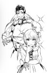  1boy 1girl armor beltro_(dq10) cheekbones child commentary demon_boy demon_girl dragon_quest dragon_quest_x dress earrings facial_hair fins fish_boy greyscale hair_slicked_back hand_on_own_chin head_fins highres hoop_earrings horns imitating jewelry looking_at_viewer monochrome monster_boy mustache pointy_ears short_hair sketch smile sparkle tilia_(dq10) untranslatable_commentary waru_dqx 