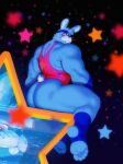 5_toes anthro armwear big_butt black_nose blue_body blue_fur buckteeth butt clothing depth_of_field elbow_gloves eyebrows feet five_nights_at_freddy's five_nights_at_freddy's:_security_breach fur glamrock_bonnie_(fnaf) gloves handwear head_tuft hi_res lagomorph leotard leporid lidded_eyes looking_back male mammal mezcal_(artist) muscular muscular_anthro muscular_male muscular_thighs rabbit rabbit_ears red_eyes rivets scottgames scut_tail short_tail simple_background smile smirk solo star steel_wool_studios stirrup_legwear sweatband tail teeth toes tuft whiskers