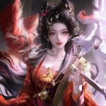 1girl animal_ears ay_yiyi bare_shoulders black_hair blush chinese_clothes commission earrings feathers fox fox_ears hair_bun hair_ornament holding holding_staff jewelry light_particles long_hair original red_eyes red_lips solo staff 