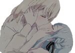  2girls absurdres bang_dream! bang_dream!_it's_mygo!!!!! bilingual_commentary blonde_hair blue_hair blush closed_eyes commentary french_kiss hand_in_another's_hair hand_on_another's_face highres kiss medium_hair miomujica misumi_uika mixed-language_commentary multiple_girls shirt simple_background togawa_sakiko white_background white_shirt yuri 
