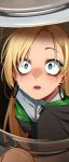  1girl absurdres black_cloak blonde_hair blue_eyes cloak commentary earrings english_commentary genderswap genderswap_(mtf) harry_potter_(series) highres hogwarts_school_uniform hoop_earrings horrified jewelry khyle. long_hair malfoid open_mouth school_uniform shirt solo_focus upper_body white_shirt wizarding_world 