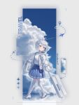  1girl :o absurdres ahoge bag blue_skirt blush bobby_pin child choker cloud commentary english_text full_body grey_eyes highres jacket looking_to_the_side macaroon303 open_clothes open_jacket original parted_lips pleated_skirt rolling_suitcase shoes short_hair shoulder_bag skirt sky sleeves_past_wrists solo suitcase thighhighs untranslatable_commentary walking white_hair white_jacket white_shoes white_thighhighs 