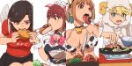  4girls animal_costume animal_ears animal_print aonori_misuji bikini bird_wings biting black_hair black_skirt blonde_hair blue_eyes blush bowl bright_pupils brown_eyes check_copyright chicken_(food) chopsticks colored_inner_hair commentary_request copyright_request cow_ears cow_print cow_print_bikini ear_tag eating fake_animal_ears fake_horns fake_wings food fork fried_chicken frills highres holding holding_bowl holding_chopsticks holding_food holding_fork holding_knife holding_with_chopsticks horns jingisukan_(food) katsu_(food) kfc knife long_sleeves looking_at_food looking_down maid_headdress meat multicolored_hair multiple_girls open_mouth original pig_ears print_bikini red_shirt rice sheep_costume shirt skirt smile steak swimsuit white_pupils white_shirt wings yellow_eyes 