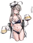  1girl absurdres ahoge bikini blue_eyes breasts cleavage commentary_request cowboy_shot cropped_legs grey_hair hat heywood_l._edwards_(kancolle) heywood_l._edwards_(swimsuit)_(kancolle) highres jacket kantai_collection large_breasts lilshigu long_hair multicolored_bikini one-hour_drawing_challenge peaked_cap simple_background sleeves_past_fingers sleeves_past_wrists solo standing swimsuit twitter_username two-tone_bikini white_background white_hat white_jacket 
