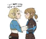 amariaarts armor blonde_hair blue_eyes blush bodily_fluids clothed clothing duo ear_blush elf english_text female fingerless_gloves fully_clothed gloves hair handwear hi_res humanoid humanoid_pointy_ears light_body light_skin link male meme nervous nervous_sweat nintendo not_furry pointy_ears ponytail portrait princess_zelda short_ponytail simple_background sweat tears_of_the_kingdom text the_legend_of_zelda three-quarter_portrait white_background