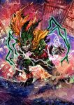  1boy 2025 abstract_background aqua_bodysuit artist_logo belt belt_pouch black_whip_(boku_no_hero_academia) bodysuit boku_no_hero_academia buckle cape cityscape colorful_background dated electricity floating_cape full_cowling_(boku_no_hero_academia) gloves glowing glowing_eyes green_bodysuit green_mask highres logo male_focus mask midoriya_izuku pouch purple_background red_background red_belt red_eyes rubble saturated snap-fit_buckle solo superhero_costume tendril torn_cape torn_clothes torn_sleeve utility_belt vinartwork white_gloves wreckage yellow_cape 