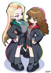  2girls absurdres asymmetrical_docking black_robe black_shoes black_skirt blonde_hair blunt_bangs blunt_ends breast_contest breast_press breasts bright_pupils brown_eyes brown_hair closed_mouth collared_shirt commentary diagonal-striped_clothes diagonal-striped_necktie earrings full_body genderswap genderswap_(mtf) green_necktie grey_eyes grey_socks grey_sweater grin gryffindor harry_potter_(series) hermione_granger highres hogwarts_school_uniform hood hood_down hoop_earrings jewelry large_breasts light_frown long_hair long_sleeves looking_at_another malfoid mary_janes multiple_girls necktie open_mouth panty_&amp;_stocking_with_garterbelt_(style) parted_hair pleated_skirt raised_eyebrow red_necktie robe school_uniform shirt shoes sico_de_seraph signature simple_background skirt slytherin smile socks standing straight_hair striped_clothes striped_necktie sweater two-tone_necktie very_long_hair wavy_hair white_background white_pupils white_shirt wizarding_world yellow_necktie 