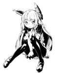  1girl between_legs blunt_bangs blush commentary_request dress fang floating_headgear gloves greyscale hair_ribbon hand_between_own_legs headgear kantai_collection long_hair looking_at_viewer monochrome murakumo_(kancolle) murakumo_kai_ni_(kancolle) open_mouth pantyhose ribbon short_sleeves simple_background sitting solo tassel tress_ribbon very_long_hair watarai_keiji 