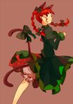  animal_ears bloomers bow braid cat_ears cat_tail dress extra_ears hair_bow kaenbyou_rin multiple_tails neko_ni_chikyuu paw_pose pointy_ears red_eyes red_hair solo standing standing_on_one_leg tail touhou twin_braids twintails underwear 