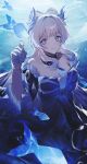  1girl absurdres bare_shoulders breasts choker closed_mouth colored_tips commentary detached_sleeves english_commentary fish genshin_impact gloves hair_ornament half_gloves hand_up highres lace-trimmed_choker lace_trim long_hair looking_at_viewer medium_breasts multicolored_hair no_pupils pink_hair purple_eyes sangonomiya_kokomi smile solo sparrow4193941 underwater 