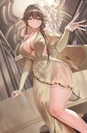  1girl :o ;o absurdres black_groza_(girls'_frontline_2) breasts bridal_gauntlets brown_dress brown_hair chandelier commentary dress earrings evening_gown girls'_frontline girls'_frontline_2:_exilium highres indoors jewelry large_breasts long_hair one_eye_closed ots-14_(destined_love)_(girls'_frontline) ots-14_(girls'_frontline) smile solo thighs tokuya very_long_hair yellow_eyes 