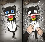 2023 3_toes 5_fingers ambiguous_gender ambiguous_pov anthro anthro_focus atlus ball_gag bdsm black_body black_fur black_mask blue_eyes blush bodily_fluids bondage bound crying_laughing domestic_cat dominant dominant_human dominant_male drooling duo erect_tail fangs feet felid feline felis fingers first_person_view fur gag gagged_drooling gagged_talk hi_res human human_pov inner_ear_fluff kerchief laugh lying male male/male mammal megami_tensei morgana_(persona) motion_lines neckerchief neckwear on_back persona_(series) persona_5 pov_hands question_mark ren_amamiya saliva sega solo_focus submissive submissive_anthro submissive_male tail tape tape_bondage tears teeth tickle_fetish tickle_torture ticklespots tickling tickling_feet toe_restraints toes toes_tied tuft two_panel_image white_body white_fur white_inner_ear_fluff yellow_kerchief yellow_neckerchief