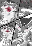 ambiguous/ambiguous ambiguous_gender black_sclera blush comic dinosaur dromaeosaurid duo feathered_dinosaur feathered_scalie feathers feral human imminent_vore mammal open_mouth pink_eyes prehistoric_species question_mark red_eyes red_mouth red_tongue reptile saurischian scalie scared simple_background sirwhiffalot surprised teeth text theropod tongue velociraptor wings