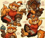 5_fingers 5_toes 6:5 absurd_res anthro armor barefoot bomb brown_body brown_fur canid canine canis ceehaz claws clothed clothed_female clothing curling_toes dog_knight_rpg domestic_dog english_text explosives feet female finger_claws fingerless_gloves fingers foot_focus fur gloves hair handwear headgear heel_pad helmet hi_res humanoid_feet humanoid_hands maci_(ceehaz) mammal orange_body orange_fur orange_hair pawpads plantigrade plantigrade_pawpads red_clothing sharp_teeth soles solo stirrup_footwear teeth text toe_claws toes