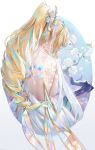  1girl absurdres alternate_costume aqua_gem aqua_hair aqua_streaks backless_dress backless_outfit bare_back blonde_hair body_markings chinese_commentary commentary_request dress drill_hair drill_ponytail flower from_behind gem genshin_impact hair_flower hair_ornament hair_ribbon hand_on_own_neck high_ponytail highres long_hair multicolored_hair nape pointy_ears ponytail ribbon smile solo streaked_hair swkl:d tiara upper_body very_long_hair vesna_(genshin_impact) white_dress white_flower white_ribbon 