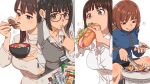  2026 4girls aonori_misuji bamboo_shoot black-framed_eyewear black_hair blue_eyes blush bowl brown_eyes brown_hair chef_hat chopsticks clam collared_shirt commentary_request cooking doraemon doraemon_(character) eating food glasses grey_eyes grey_vest grill hat highres holding holding_bowl holding_chopsticks holding_food holding_with_chopsticks hot_dog jacket long_sleeves looking_at_food looking_at_viewer looking_down looking_up multiple_girls name_tag open_mouth original ponytail shichirin shirt short_hair simple_background sitting smile suimono tongue tongue_out track_jacket vest white_background white_shirt 