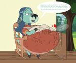 anthro bova_(rick_and_morty) breasts chair clothing ears_down eyewear face_imprint fancy_blue female female_pred field furniture goggles heart_symbol hi_res hoof_on_belly hoovy_(rick_and_morty) imprint looking_at_belly male male_prey narnian_(rick_and_morty) on_chair pivoted_ears plant prey_imprint same_size_vore sitting sitting_on_chair tail tree vore willing_prey
