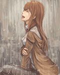  brown_hair brown_legwear closed_eyes jacket legwear_under_shorts long_hair makise_kurisu open_mouth pantyhose rain ripu_(vincecarter) shorts sitting solo steins;gate tears wet 