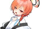  1girl ahoge black_halo blue_archive blush braid commentary earrings halo highres huge_ahoge jacket jewelry looking_at_viewer mole mole_under_each_eye mole_under_eye multiple_moles necktie neru_(blue_archive) open_mouth orange_hair partially_unbuttoned red_eyes seoly_ouo short_hair single_braid solo squinting sukajan tag undone_necktie untranslatable_commentary white_background 