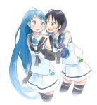  2girls black_gloves black_hair black_neckerchief black_sailor_collar black_thighhighs blue_eyes blue_hair blush cropped_legs elbow_gloves gloves gradient_hair green_eyes hair_over_shoulder hair_ribbon holding_hands ima_(minitomato123) kantai_collection long_hair low_twintails multicolored_hair multiple_girls neckerchief open_mouth ribbon sailor_collar samidare_(kancolle) school_uniform siblings simple_background sisters skirt sleeveless suzukaze_(kancolle) thighhighs twintails very_long_hair white_background white_skirt 